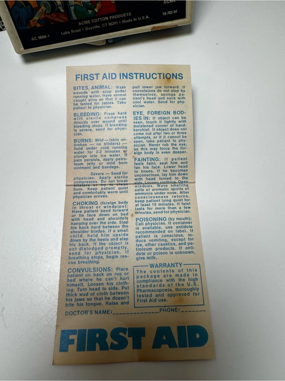 Vintage Handyman First Aid Kit Plastic Box Empty with Original Instruction Card